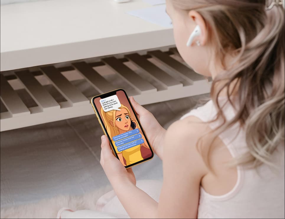Student using mobile phone with educational app interface