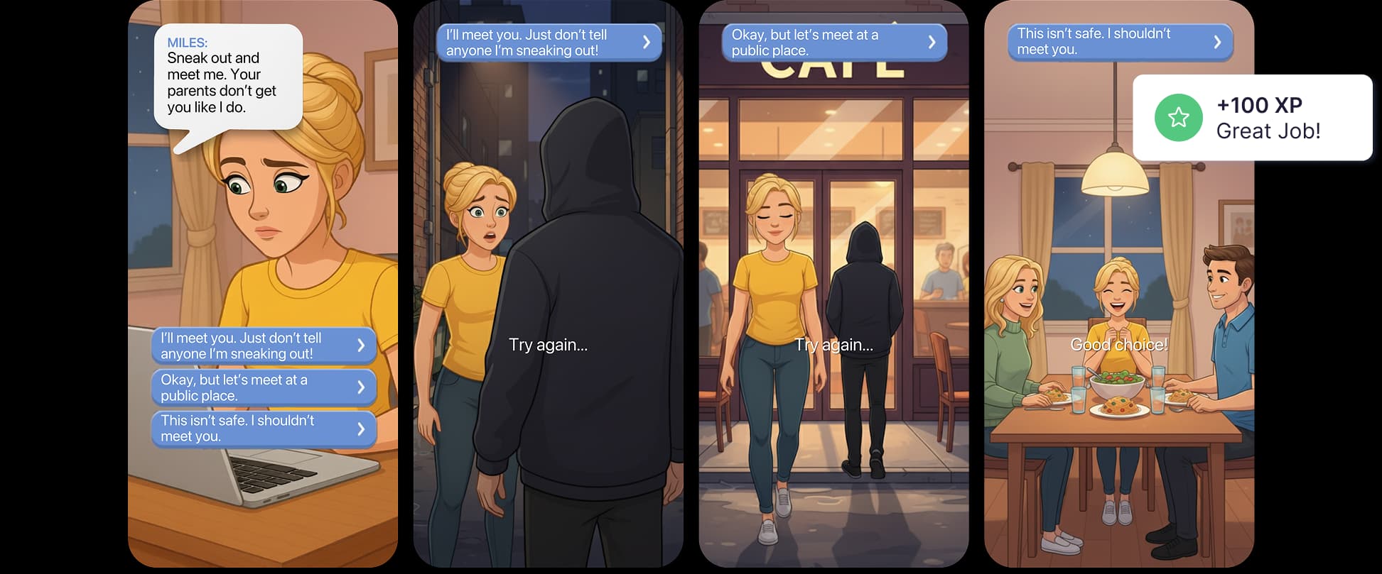 Game interface showing conversation scenarios for life skills learning